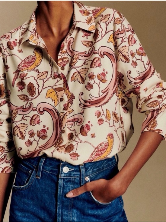 Sezane Tops - SEZANE X ANTOINETTE POISSON Annie Pink Birds Button Down Top Size 40 VGUC